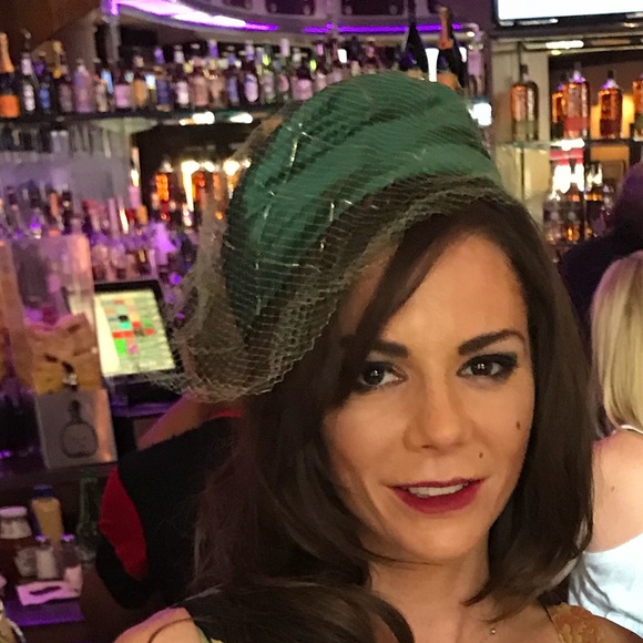 Vintage Green Satin Pillbox Hat with Netting